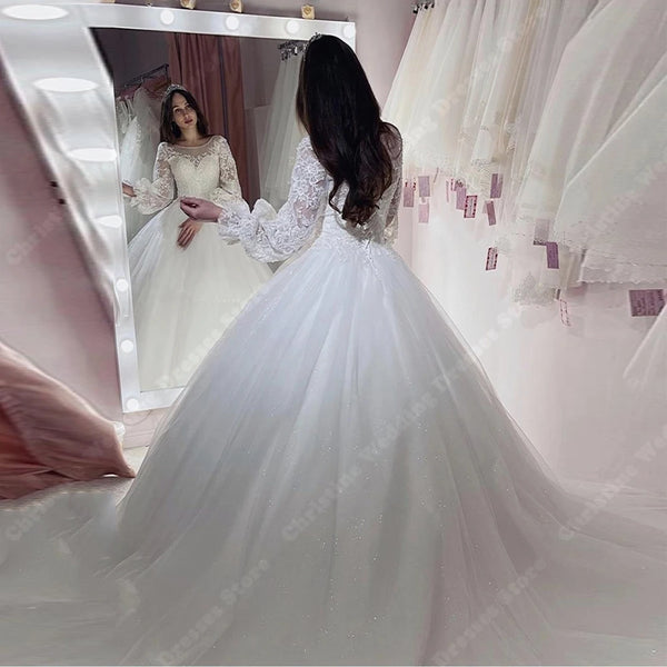 Elegant High Collar Fluffy A-Line Bridal Gown with Custom Tulle Design and Mopping Length